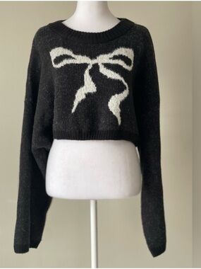Out from Under Black Cozy Up Crop Long Sleeve Sweater with White Bow Motif EUC